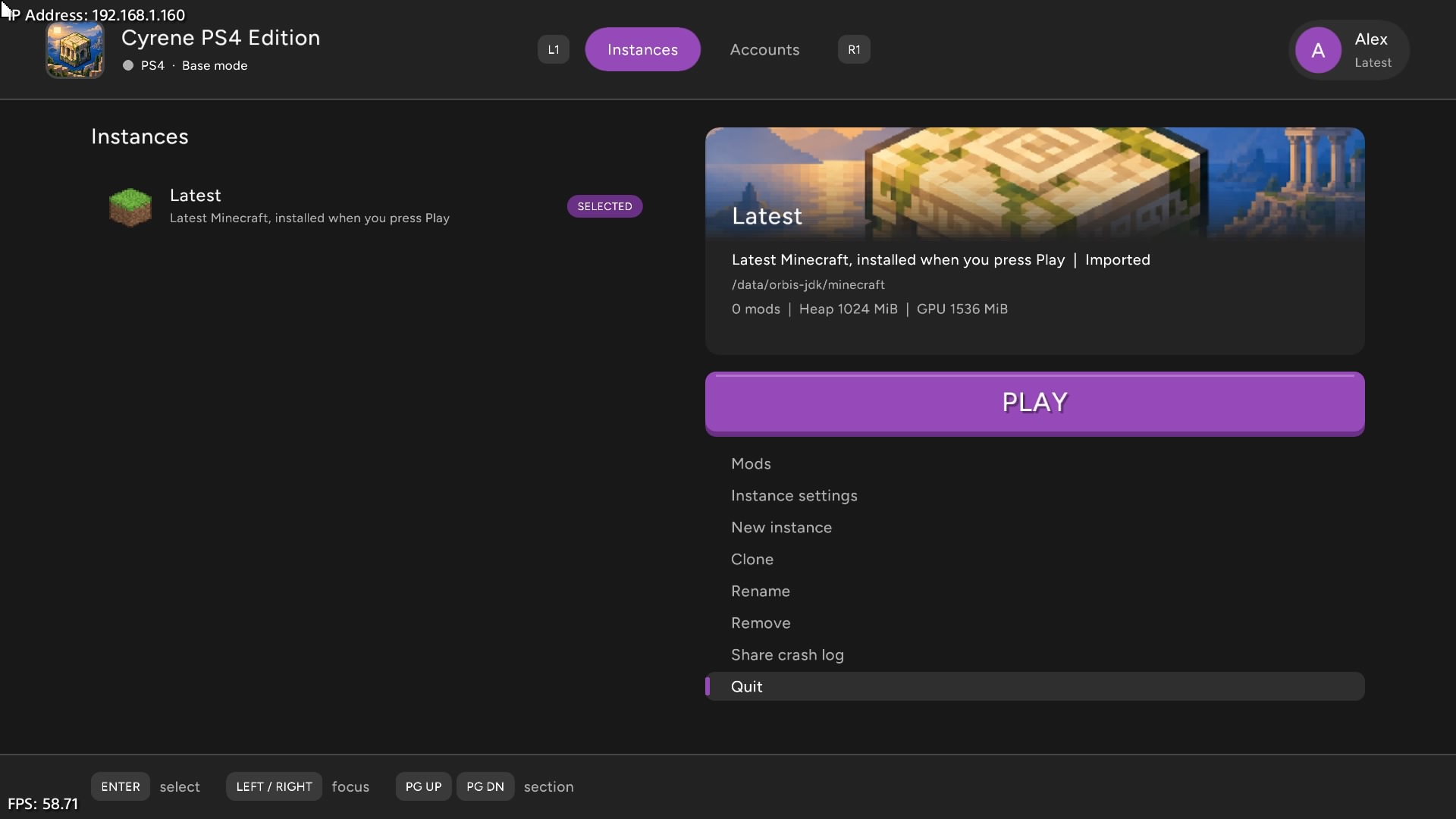 Minecraft: Java Edition running on a PS4 via Cyrene Launcher